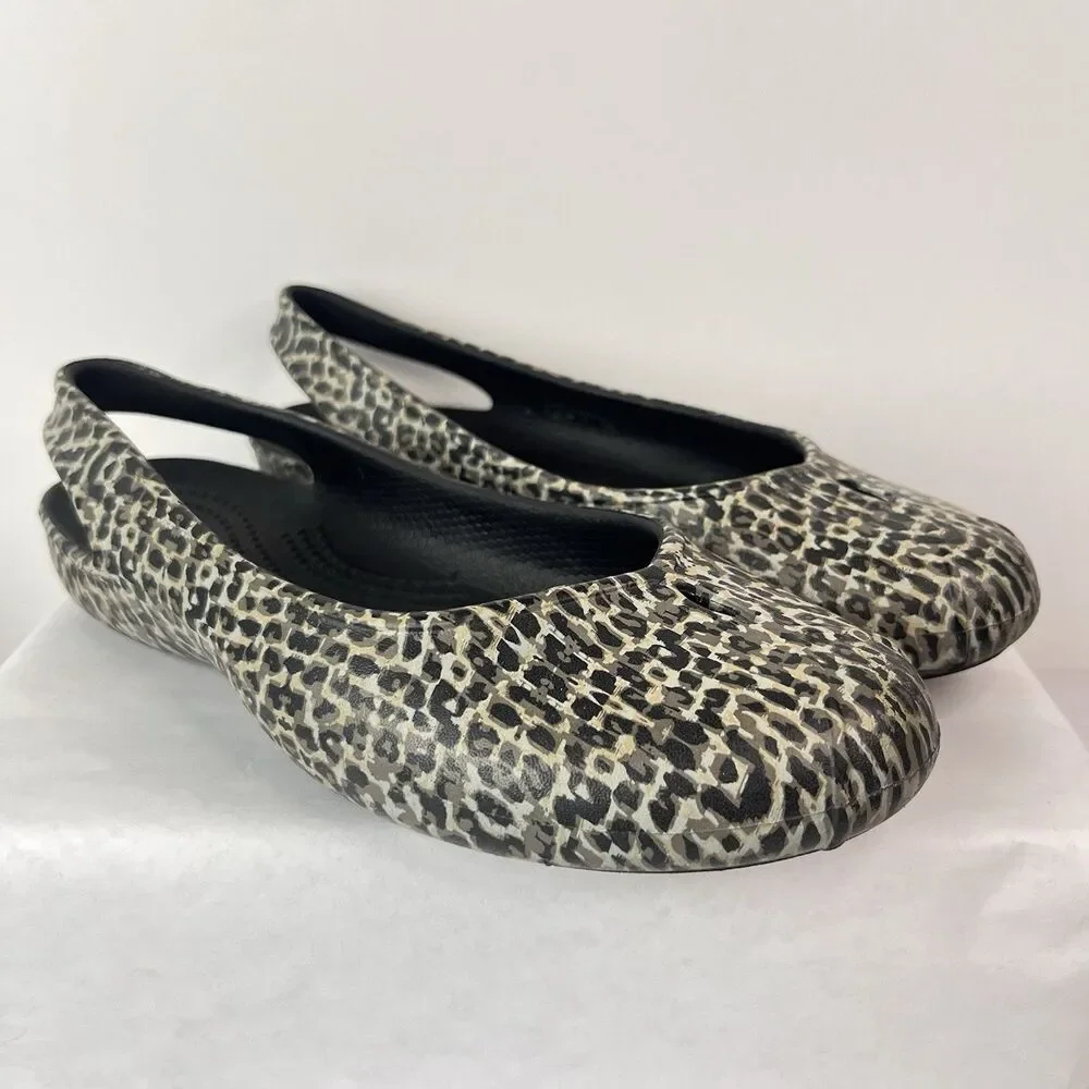 Crocs Women Leopard Print Slip On Flats Coastal Grandma Shoes Size W5 Black Gray